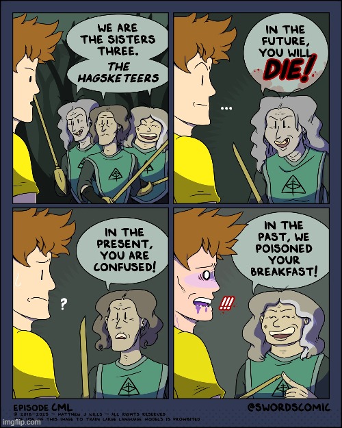 image tagged in swords,elders,sisters,three musketeers,poison,breakfast | made w/ Imgflip meme maker