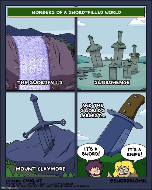 The first five comics of Swordtember! | image tagged in swords,waterfall,stonehenge,mountain,sword,knife | made w/ Imgflip meme maker