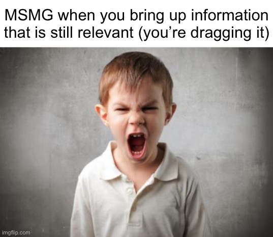angry kid | MSMG when you bring up information that is still relevant (you’re dragging it) | image tagged in angry kid | made w/ Imgflip meme maker