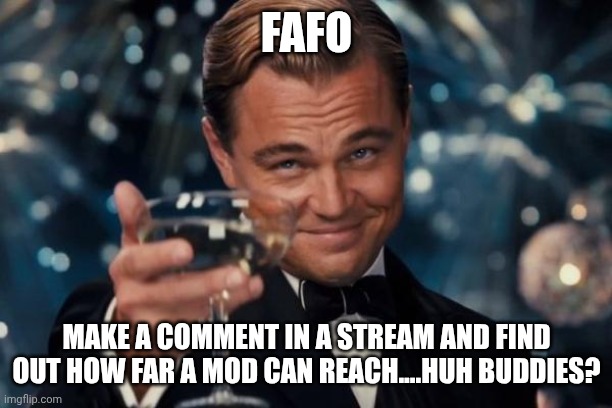 Fafo | FAFO; MAKE A COMMENT IN A STREAM AND FIND OUT HOW FAR A MOD CAN REACH....HUH BUDDIES? | image tagged in memes,leonardo dicaprio cheers | made w/ Imgflip meme maker