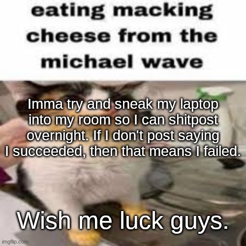 Macking Cheese from the Micheal wave | Imma try and sneak my laptop into my room so I can shitpost overnight. If I don't post saying I succeeded, then that means I failed. Wish me luck guys. | image tagged in macking cheese from the micheal wave | made w/ Imgflip meme maker