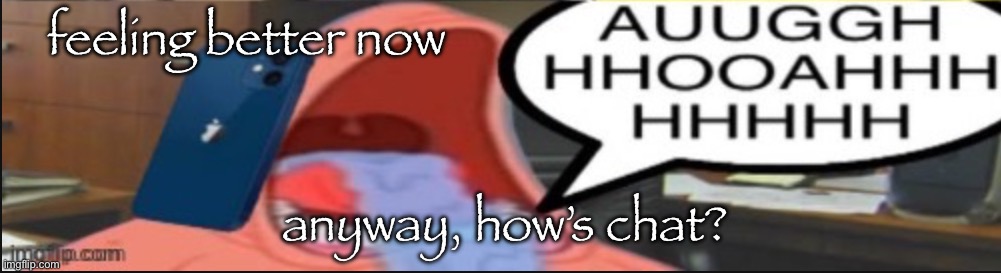 AUUGGHHHOOAHHHHHHH | feeling better now; anyway, how’s chat? | image tagged in auugghhhooahhhhhhh | made w/ Imgflip meme maker