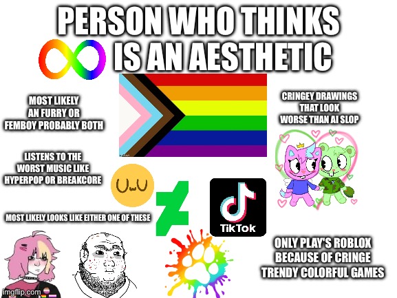 IT'S AN AESTHETIC NOT AN DISABILITY STARTER PACK | PERSON WHO THINKS         IS AN AESTHETIC; MOST LIKELY AN FURRY OR FEMBOY PROBABLY BOTH; CRINGEY DRAWINGS THAT LOOK WORSE THAN AI SLOP; LISTENS TO THE WORST MUSIC LIKE HYPERPOP OR BREAKCORE; MOST LIKELY LOOKS LIKE EITHER ONE OF THESE; ONLY PLAY'S ROBLOX BECAUSE OF CRINGE TRENDY COLORFUL GAMES | image tagged in blank white template,memes,funny,autism,cringe,starter pack | made w/ Imgflip meme maker