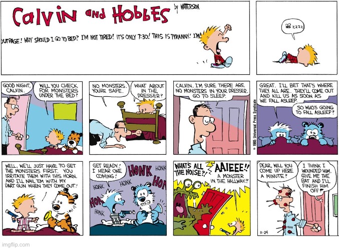 Bedtime is always an adventure in Calvin’s room… | image tagged in calvin and hobbes,comics,bedtime,monsters,dart gun | made w/ Imgflip meme maker