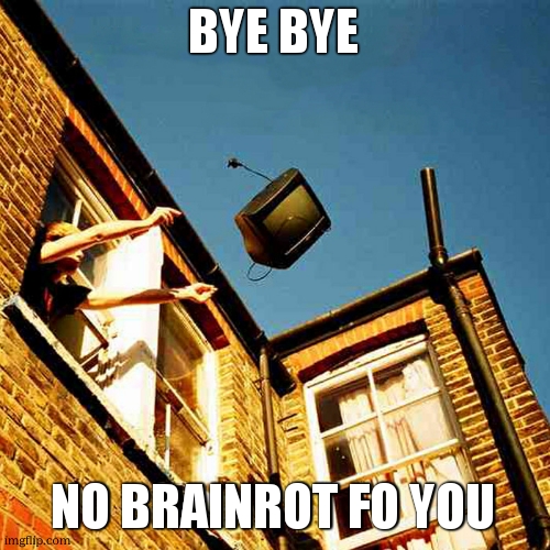 throwing tv out window meme | BYE BYE NO BRAINROT FO YOU | image tagged in throwing tv out window meme | made w/ Imgflip meme maker