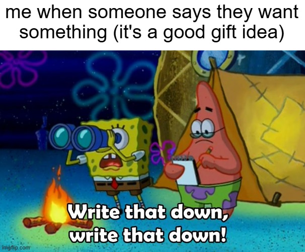 I must remember what they want... | me when someone says they want something (it's a good gift idea) | image tagged in write that down | made w/ Imgflip meme maker