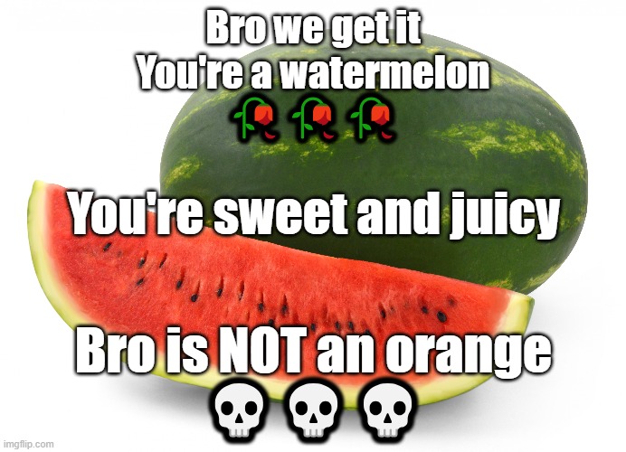 Bro we get it
You're a watermelon
🥀🥀🥀; You're sweet and juicy; Bro is NOT an orange
💀💀💀 | made w/ Imgflip meme maker