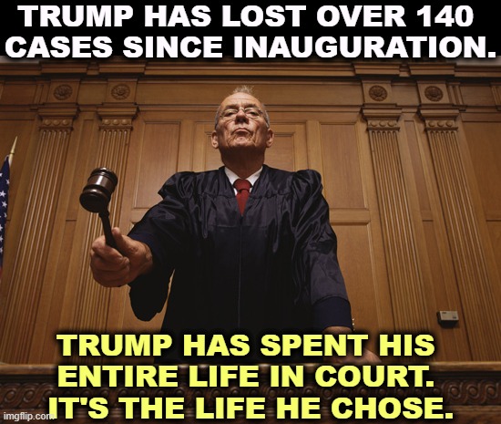 Judge with gavel, as Trump loses yet another court case. | TRUMP HAS LOST OVER 140 
CASES SINCE INAUGURATION. TRUMP HAS SPENT HIS 
ENTIRE LIFE IN COURT. 
IT'S THE LIFE HE CHOSE. | image tagged in judge with gavel as trump loses yet another court case,trump,law,court,scofflaw,loser | made w/ Imgflip meme maker