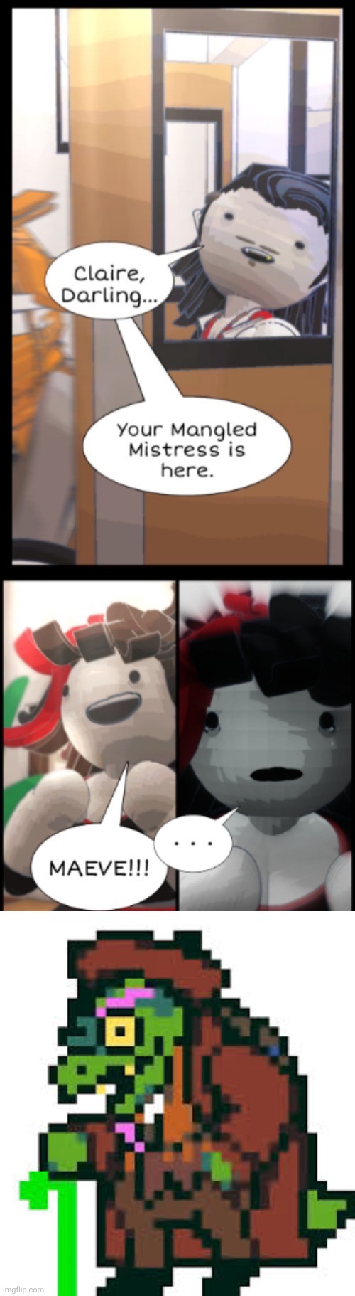 "this isnt maeve..." "im old!" | image tagged in mangled mistress,gerson boom | made w/ Imgflip meme maker