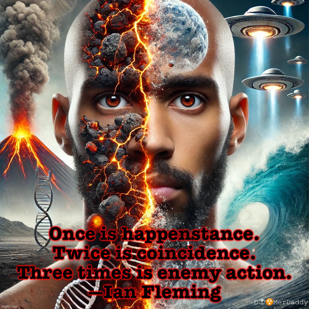 Enemy Action | Once is happenstance.
Twice is coincidence.
Three times is enemy action.
—Ian Fleming; D👽☢️MerDaddy | image tagged in doomerdaddy,enemy action,doomer | made w/ Imgflip meme maker