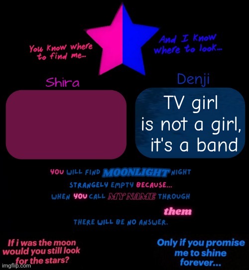 Shira and denji TV girl shared announcement template | TV girl is not a girl,  it's a band | image tagged in shira and denji tv girl shared announcement template | made w/ Imgflip meme maker