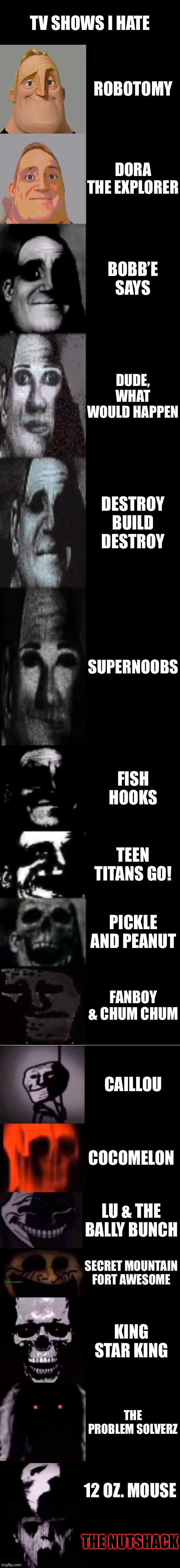 Mr Incredible Becoming Uncanny: TV Shows I Hate | TV SHOWS I HATE; ROBOTOMY; DORA THE EXPLORER; BOBB’E SAYS; DUDE, WHAT WOULD HAPPEN; DESTROY BUILD DESTROY; SUPERNOOBS; FISH HOOKS; TEEN TITANS GO! PICKLE AND PEANUT; FANBOY & CHUM CHUM; CAILLOU; COCOMELON; LU & THE BALLY BUNCH; SECRET MOUNTAIN FORT AWESOME; KING STAR KING; THE PROBLEM SOLVERZ; 12 OZ. MOUSE; THE NUTSHACK | image tagged in mr incredible becoming uncanny 1st extension | made w/ Imgflip meme maker