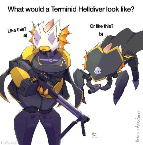 I Like the idea that they just paint a alien black, draw a little skull on his forehead and give him a machine gun | image tagged in memes,shitpost,helldivers,gaming,hear me out | made w/ Imgflip meme maker