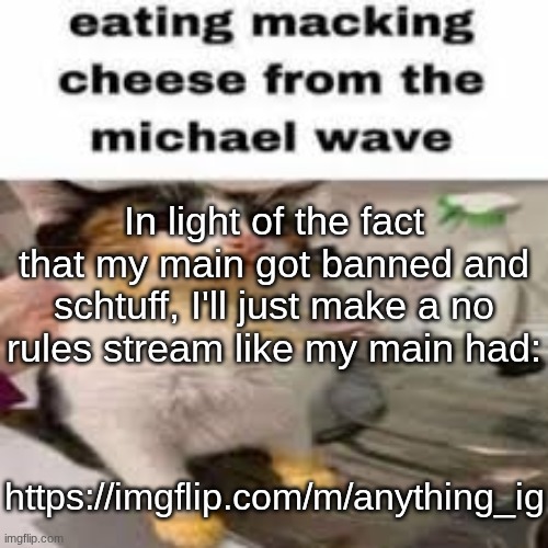 Macking Cheese from the Micheal wave | In light of the fact that my main got banned and schtuff, I'll just make a no rules stream like my main had:; https://imgflip.com/m/anything_ig | image tagged in macking cheese from the micheal wave | made w/ Imgflip meme maker