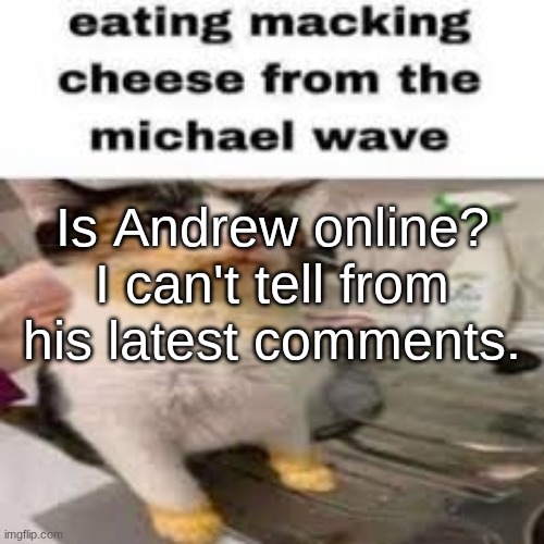Macking Cheese from the Micheal wave | Is Andrew online? I can't tell from his latest comments. | image tagged in macking cheese from the micheal wave | made w/ Imgflip meme maker