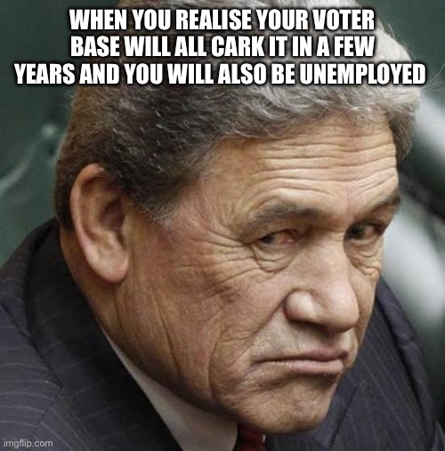 I know your a pensioner but you still hot haha ?? | WHEN YOU REALISE YOUR VOTER BASE WILL ALL CARK IT IN A FEW YEARS AND YOU WILL ALSO BE UNEMPLOYED | image tagged in new zealand,politics | made w/ Imgflip meme maker