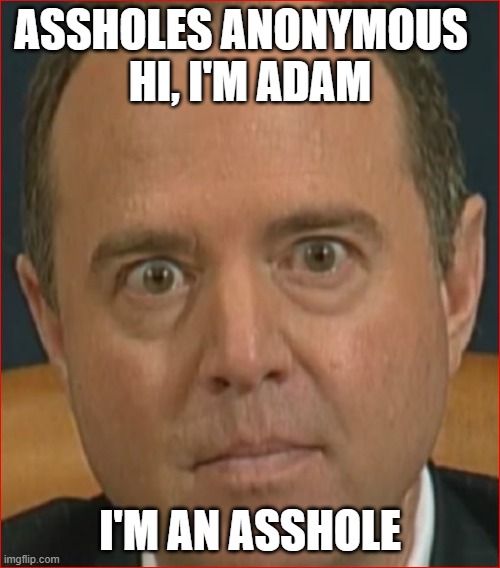 Adam Schiff | ASSHOLES ANONYMOUS  
HI, I'M ADAM; I'M AN ASSHOLE | image tagged in adam schiff | made w/ Imgflip meme maker