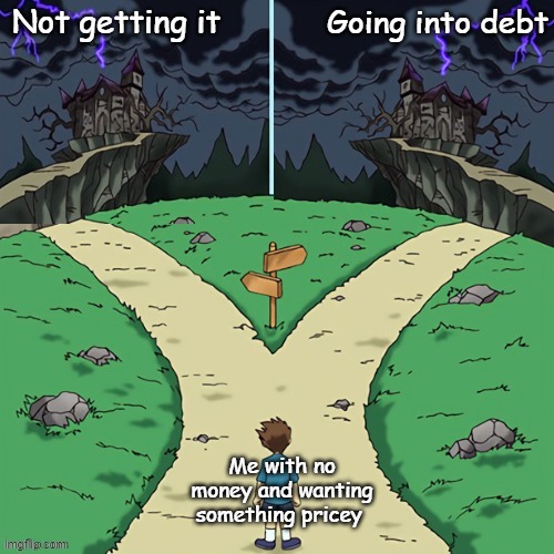 Two castles (both dark) | Not getting it; Going into debt; Me with no money and wanting something pricey | image tagged in two castles both dark | made w/ Imgflip meme maker