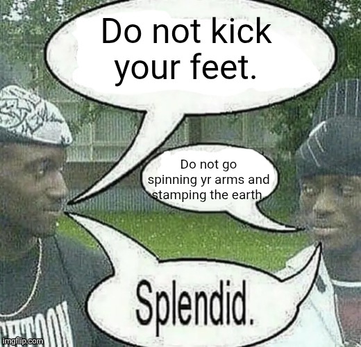 We sell crack Splendid | Do not kick your feet. Do not go spinning yr arms and stamping the earth. | image tagged in we sell crack splendid | made w/ Imgflip meme maker