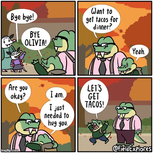 image tagged in possums,alligators,parents,hug,tacos,dinner | made w/ Imgflip meme maker
