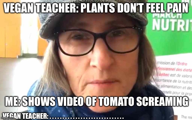 That Vegan Teacher Meme | VEGAN TEACHER: PLANTS DON’T FEEL PAIN; ME: SHOWS VIDEO OF TOMATO SCREAMING; VEGAN TEACHER: . . . . . . . . . . . . . . . . . . . . . . . . . . . . . | image tagged in that vegan teacher meme | made w/ Imgflip meme maker