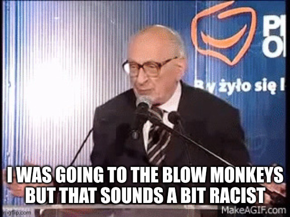 Wincyj | I WAS GOING TO THE BLOW MONKEYS
BUT THAT SOUNDS A BIT RACIST | image tagged in wincyj | made w/ Imgflip meme maker