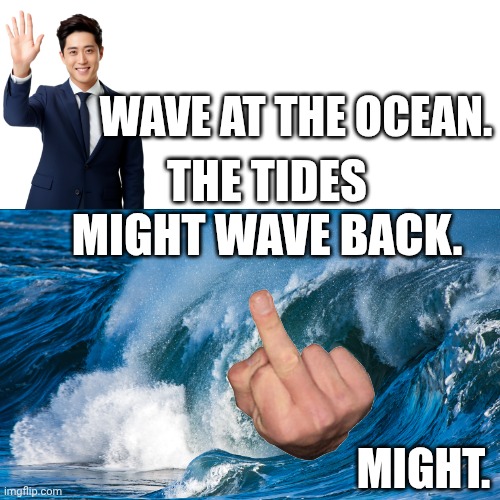 Wave at the ocean. | WAVE AT THE OCEAN. THE TIDES MIGHT WAVE BACK. MIGHT. | image tagged in memes,waves | made w/ Imgflip meme maker