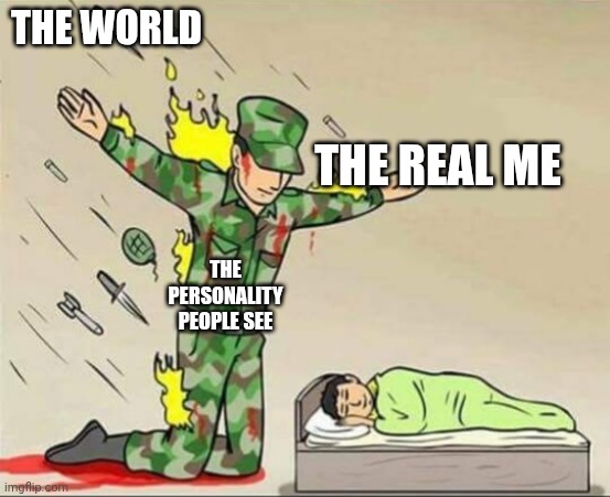 Your personality | THE WORLD; THE REAL ME; THE PERSONALITY PEOPLE SEE | image tagged in soldier protecting sleeping child | made w/ Imgflip meme maker