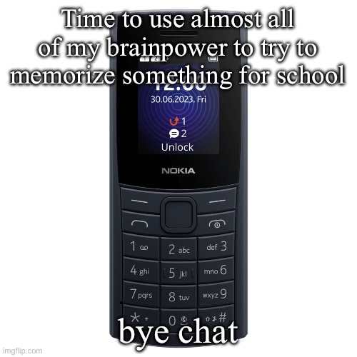 nokia 110 4g | Time to use almost all of my brainpower to try to memorize something for school; bye chat | image tagged in nokia 110 4g | made w/ Imgflip meme maker