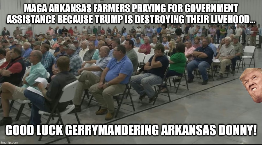 Maga paying for their mistake | MAGA ARKANSAS FARMERS PRAYING FOR GOVERNMENT ASSISTANCE BECAUSE TRUMP IS DESTROYING THEIR LIVEHOOD... GOOD LUCK GERRYMANDERING ARKANSAS DONNY! | image tagged in donald trump,trump,maga,nevertrump,trump sucks,trump supporter | made w/ Imgflip meme maker