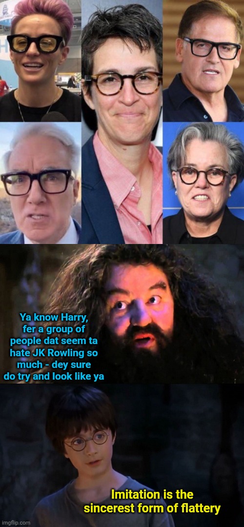 Ya know Harry, fer a group of people dat seem ta hate JK Rowling so much - dey sure do try and look like ya; Imitation is the sincerest form of flattery | image tagged in you are wizzard harry | made w/ Imgflip meme maker