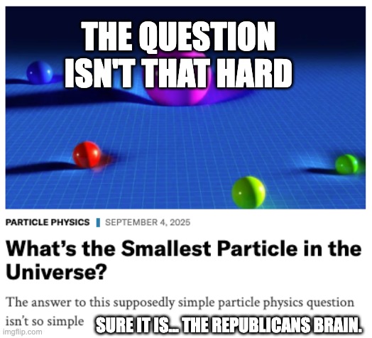 smallest thing in the universe | THE QUESTION ISN'T THAT HARD; SURE IT IS... THE REPUBLICANS BRAIN. | image tagged in smallest particle in the universe the republicans brain | made w/ Imgflip meme maker