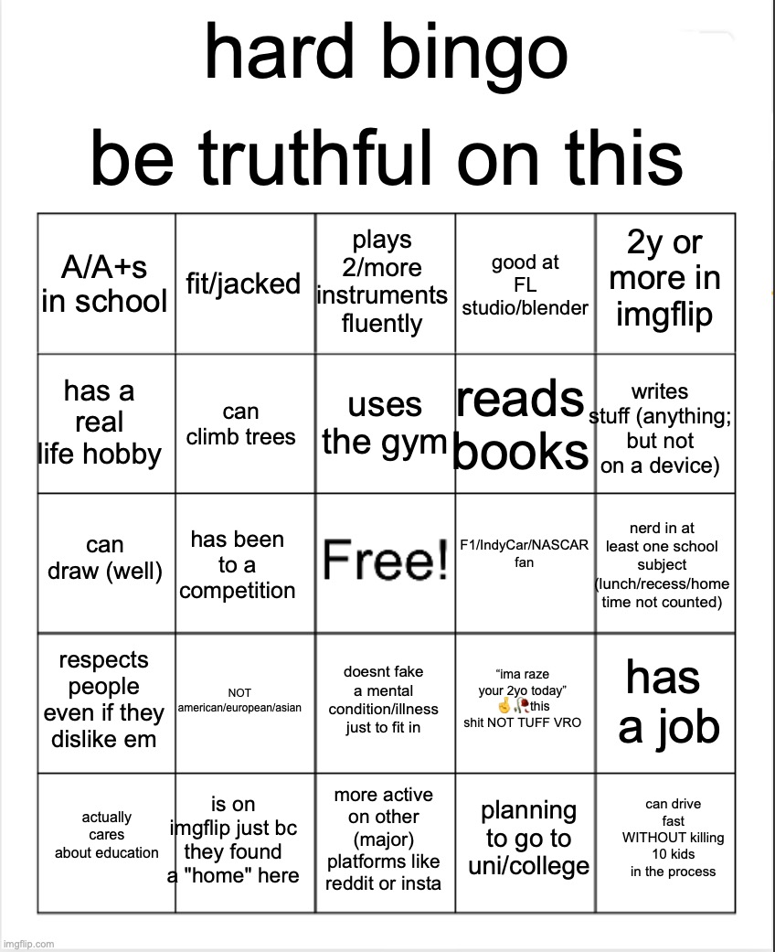 Blank Bingo | be truthful on this; hard bingo; plays 2/more instruments fluently; fit/jacked; 2y or more in imgflip; A/A+s in school; good at FL studio/blender; uses the gym; has a real life hobby; writes stuff (anything; but not on a device); reads books; can climb trees; F1/IndyCar/NASCAR fan; can draw (well); nerd in at least one school subject (lunch/recess/home time not counted); has been to a competition; respects people even if they dislike em; NOT american/european/asian; has  a job; “ima raze your 2yo today” 🤞🥀this shit NOT TUFF VRO; doesnt fake a mental condition/illness just to fit in; is on imgflip just bc they found a "home" here; can drive fast WITHOUT killing 10 kids in the process; actually cares about education; more active on other (major) platforms like reddit or insta; planning to go to uni/college | image tagged in blank bingo | made w/ Imgflip meme maker