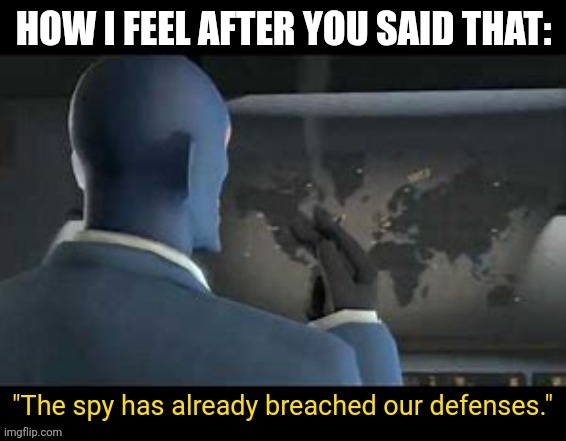 The spy has already breached our defenses | HOW I FEEL AFTER YOU SAID THAT: | image tagged in the spy has already breached our defenses | made w/ Imgflip meme maker
