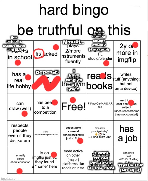 hard bingo for msmg | Does nomad sculpt count? If so yeah; Yes actually. Except math and ELA; Almost... Depends; I have weights at home; I want to but I'm afraid of the debt; That's the fu​​n of it! | image tagged in hard bingo for msmg | made w/ Imgflip meme maker