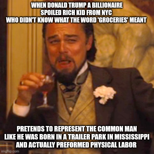 Maga loves a fake | WHEN DONALD TRUMP A BILLIONAIRE SPOILED RICH KID FROM NYC 
WHO DIDN'T KNOW WHAT THE WORD 'GROCERIES' MEANT; PRETENDS TO REPRESENT THE COMMON MAN
 LIKE HE WAS BORN IN A TRAILER PARK IN MISSISSIPPI 
AND ACTUALLY PREFORMED PHYSICAL LABOR | image tagged in trump fake,only has rich friends,poor people aren't at mar a lago,rich kid from nyc,maga fools | made w/ Imgflip meme maker