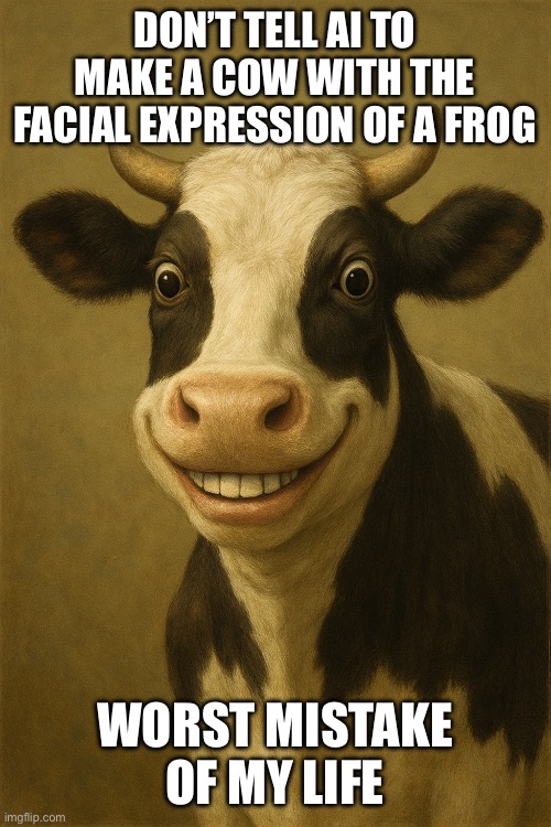 Creepy cow | DON’T TELL AI TO MAKE A COW WITH THE FACIAL EXPRESSION OF A FROG; WORST MISTAKE OF MY LIFE | image tagged in creepy cow | made w/ Imgflip meme maker