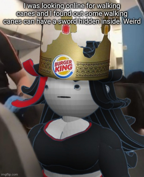 Claire Burger King Crown Airplane | I was looking online for walking canes and I found out some walking canes can have a sword hidden inside. Weird | image tagged in claire burger king crown airplane | made w/ Imgflip meme maker