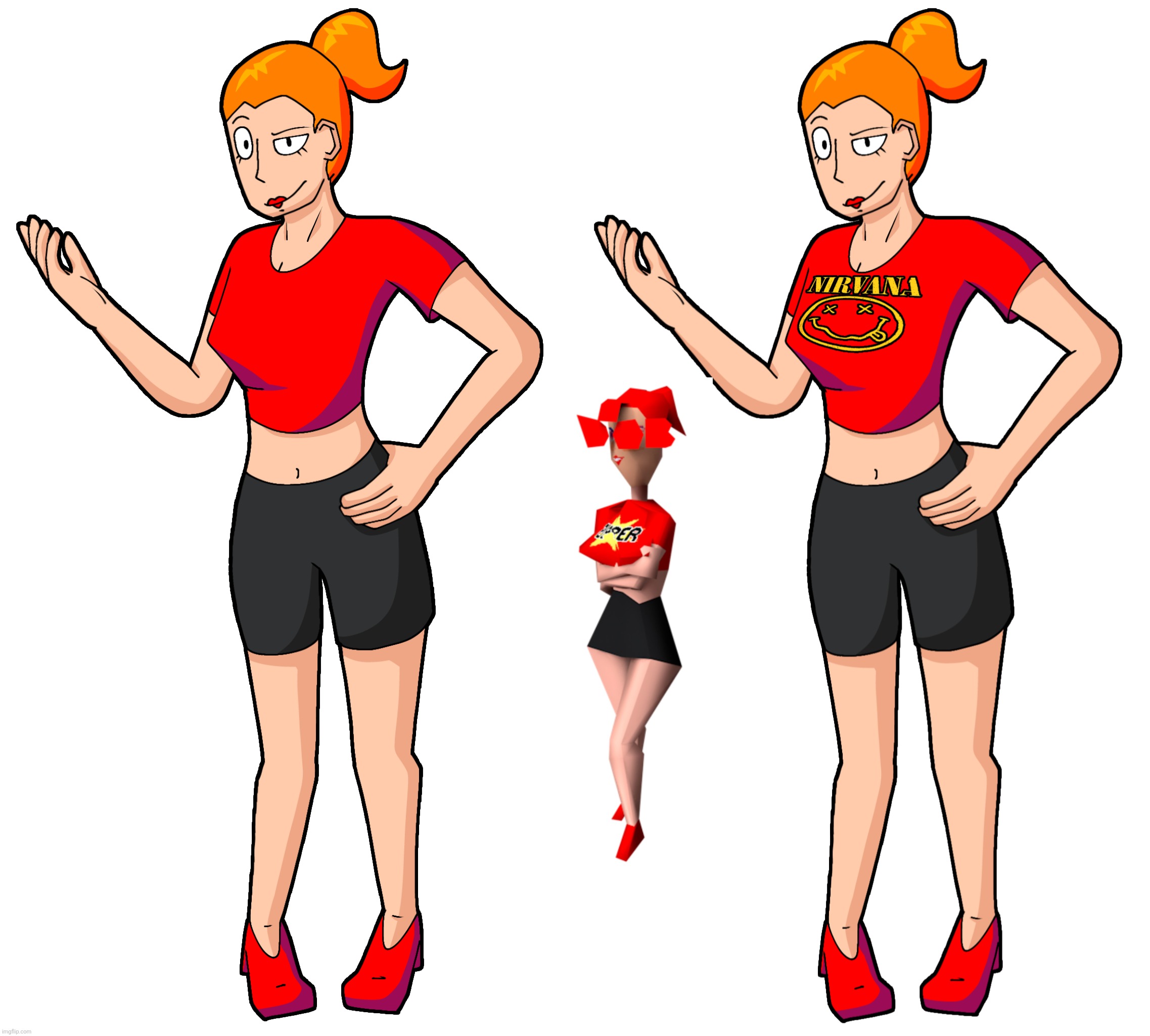 Do we prefer her without the shirt print or with the shirt print (i redesigned the shirt print also) | made w/ Imgflip meme maker