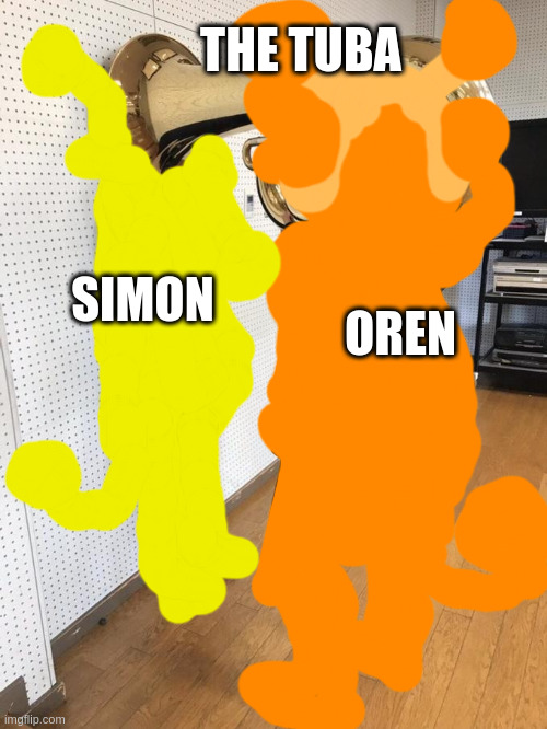Girl Putting Tuba on Girl's Head | THE TUBA; SIMON; OREN | image tagged in girl putting tuba on girl's head,sprunki,simon,oren,bullshit | made w/ Imgflip meme maker