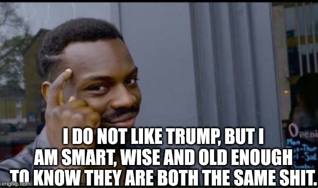Thinking Black Man | I DO NOT LIKE TRUMP, BUT I AM SMART, WISE AND OLD ENOUGH TO KNOW THEY ARE BOTH THE SAME SHIT. | image tagged in thinking black man | made w/ Imgflip meme maker