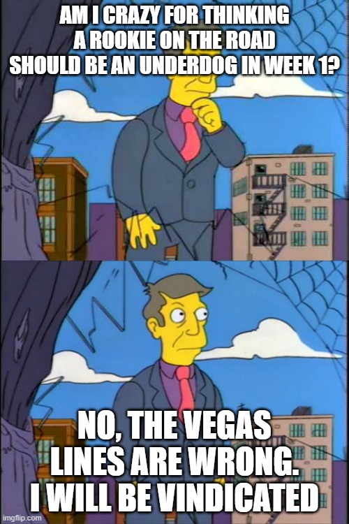 Skinner | AM I CRAZY FOR THINKING A ROOKIE ON THE ROAD SHOULD BE AN UNDERDOG IN WEEK 1? NO, THE VEGAS LINES ARE WRONG. I WILL BE VINDICATED | image tagged in skinner | made w/ Imgflip meme maker