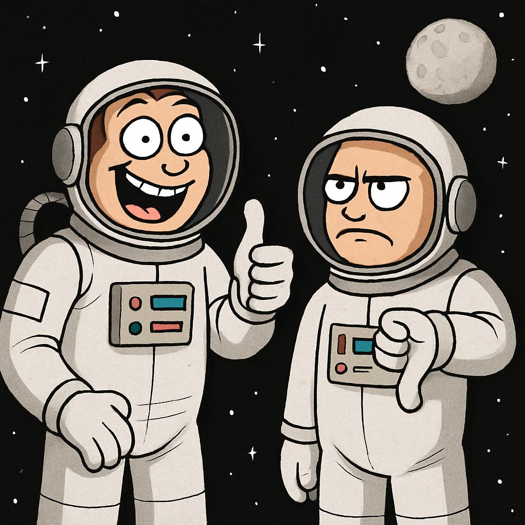 Two astronauts in space on with the thumbs up and another down, Blank Meme Template