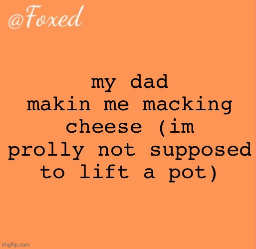 foxed orange temp | my dad makin me macking cheese (im prolly not supposed to lift a pot) | image tagged in foxed orange temp | made w/ Imgflip meme maker