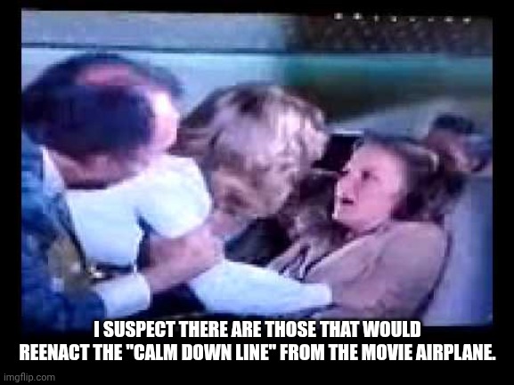 Airplane - losing control | I SUSPECT THERE ARE THOSE THAT WOULD REENACT THE "CALM DOWN LINE" FROM THE MOVIE AIRPLANE. | image tagged in airplane - losing control | made w/ Imgflip meme maker