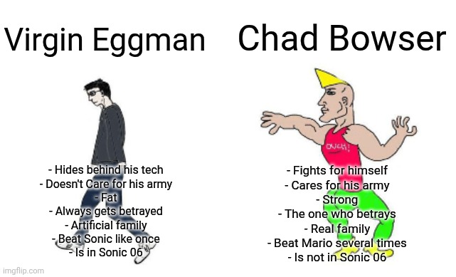 Virgin vs Chad | Chad Bowser; Virgin Eggman; - Hides behind his tech
- Doesn't Care for his army
- Fat
- Always gets betrayed
- Artificial family
- Beat Sonic like once
- Is in Sonic 06; - Fights for himself
- Cares for his army
- Strong
- The one who betrays
- Real family
- Beat Mario several times
- Is not in Sonic 06 | image tagged in virgin vs chad | made w/ Imgflip meme maker