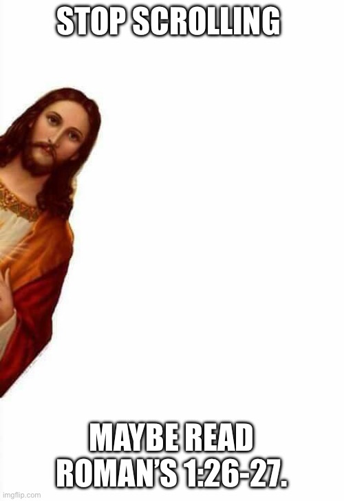Please don’t comment anything stupider then this meme. | STOP SCROLLING; MAYBE READ ROMAN’S 1:26-27. | image tagged in jesus watcha doin | made w/ Imgflip meme maker