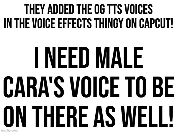 Add Normal Male/Neutral Man on the voice effects as well! | THEY ADDED THE OG TTS VOICES IN THE VOICE EFFECTS THINGY ON CAPCUT! I NEED MALE CARA'S VOICE TO BE ON THERE AS WELL! | image tagged in male cara,capcut,voices,prediction | made w/ Imgflip meme maker