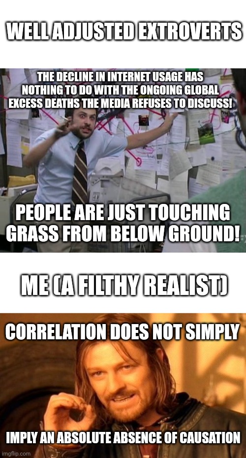 Dead internet theory? More like sword art offline theory! | WELL ADJUSTED EXTROVERTS; THE DECLINE IN INTERNET USAGE HAS NOTHING TO DO WITH THE ONGOING GLOBAL EXCESS DEATHS THE MEDIA REFUSES TO DISCUSS! PEOPLE ARE JUST TOUCHING GRASS FROM BELOW GROUND! ME (A FILTHY REALIST); CORRELATION DOES NOT SIMPLY; IMPLY AN ABSOLUTE ABSENCE OF CAUSATION | image tagged in blank white template,charlie conspiracy always sunny in philidelphia,memes,one does not simply | made w/ Imgflip meme maker