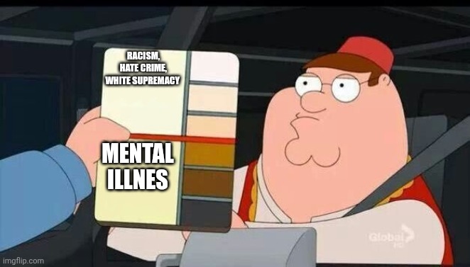 Peter Griffin skin color chart race terrorist blank | RACISM, HATE CRIME, WHITE SUPREMACY; MENTAL ILLNES | image tagged in peter griffin skin color chart race terrorist blank | made w/ Imgflip meme maker